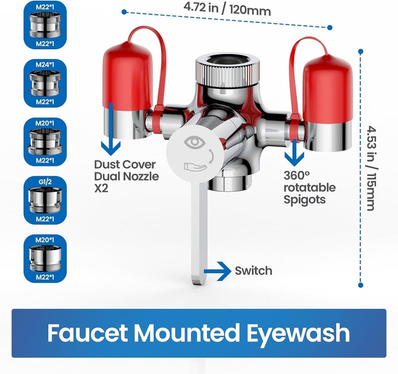 KroBer Faucet Mounted Eye Wash Station with Cover - Emergency Eye Wash Unit Eye Wash Kit for Lab, Factory, Industry Site, Office and Home, 5X Faucet Adapters - 1X Note Card-1X Warning Post - Image 4